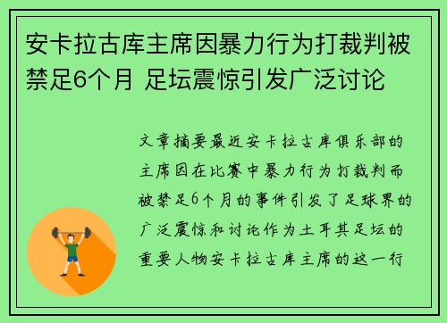 安卡拉古库主席因暴力行为打裁判被禁足6个月 足坛震惊引发广泛讨论 安卡拉古库主席因暴力行为打裁判被禁足6个月 足坛震惊引发广泛讨论
