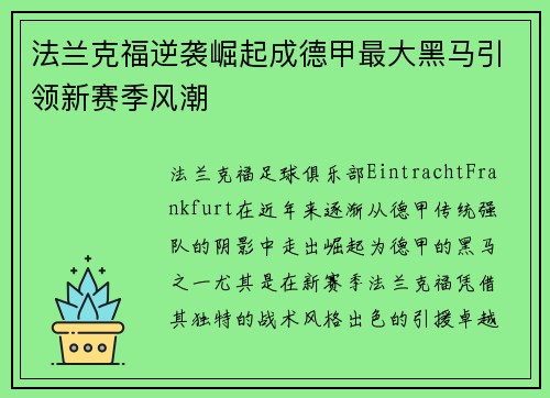 法兰克福逆袭崛起成德甲最大黑马引领新赛季风潮